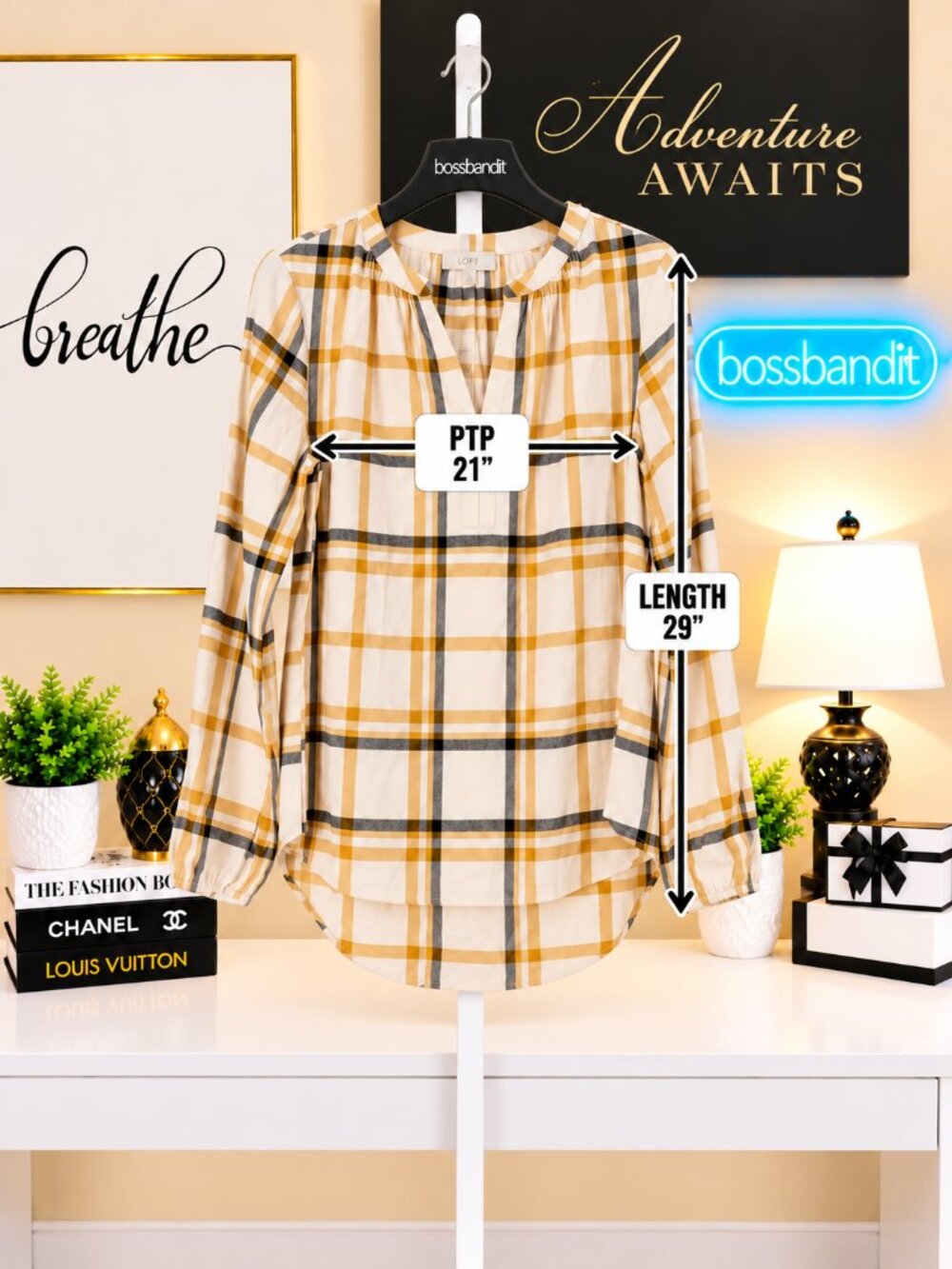 LOFT Saddle Plaid Flannel Shirt Cappuccino Cream Cotton Viscose NWT - Picture 5 of 6